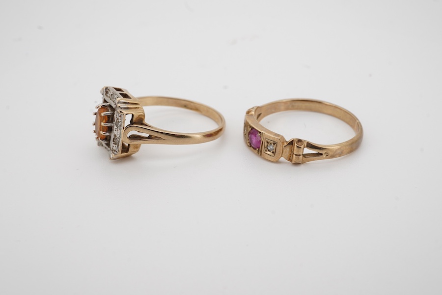 Two modern 9ct gold and gem set rings, including a ruby and diamond three stone, gross weight 6.5 grams. Condition - fair